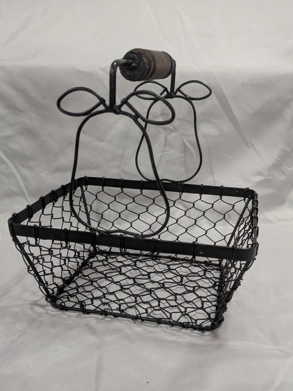 Vintage Farmhouse Wire Egg Basket with Wood Handle & Wire Pear Accents